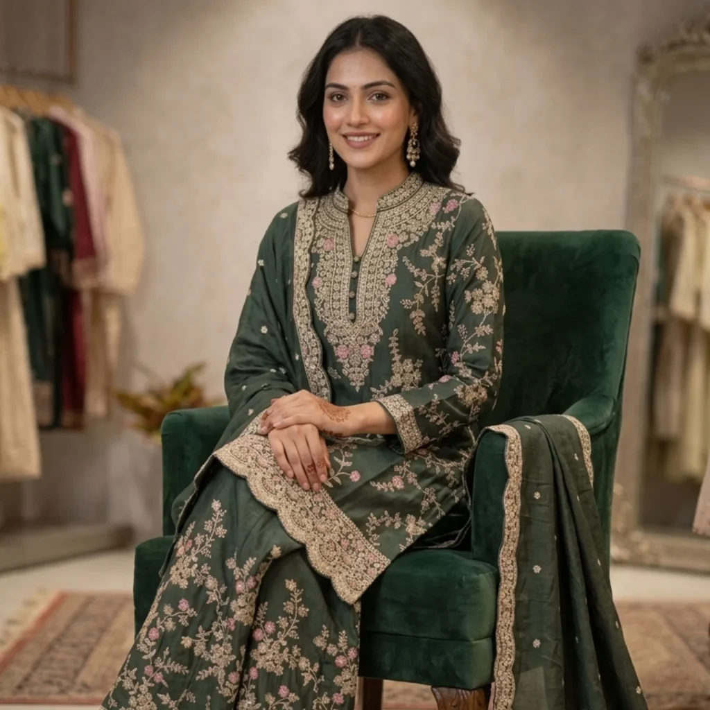 Mehndi green chinnon suit with resham thread embroidery for women