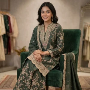 Mehndi green chinnon suit with resham thread embroidery for women