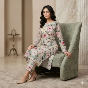 Pastel floral printed Tista linen cotton straight suit set for women