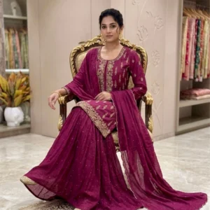 Kharatis wine chinnon kurti garara set with tilla and dabka embroidery for women