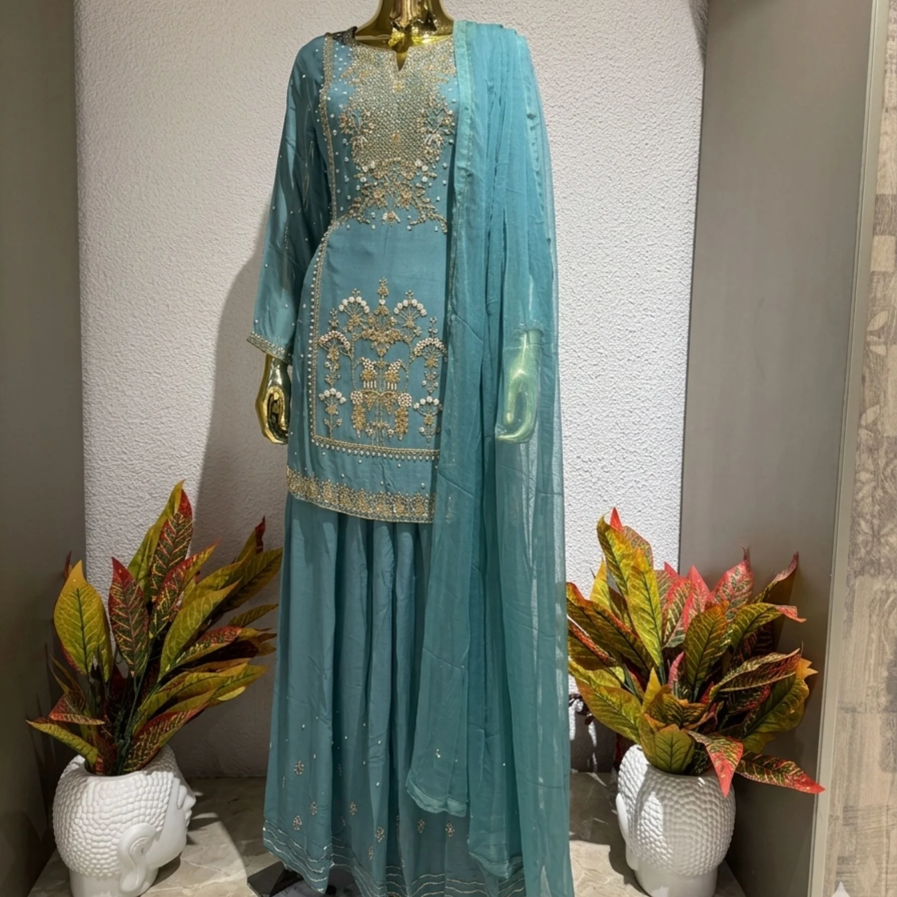 Kharatis Teal Georgette Long Kurti with Skirt Set | Pearl & Resham Work