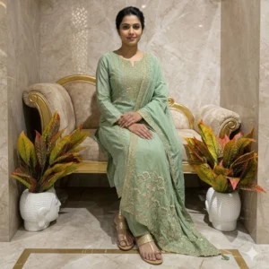 Kharatis sage green georgette kurti with skirt set featuring pearl and resham embroidery for women