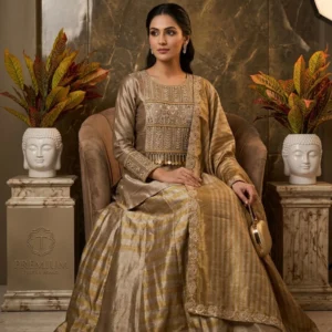 Kharatis golden shimmer kurti skirt set with antique dabka and metal bead embroidery for women
