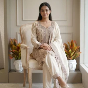 Ivory shimmer cut plazo suit with thread and beads embroidery for women
