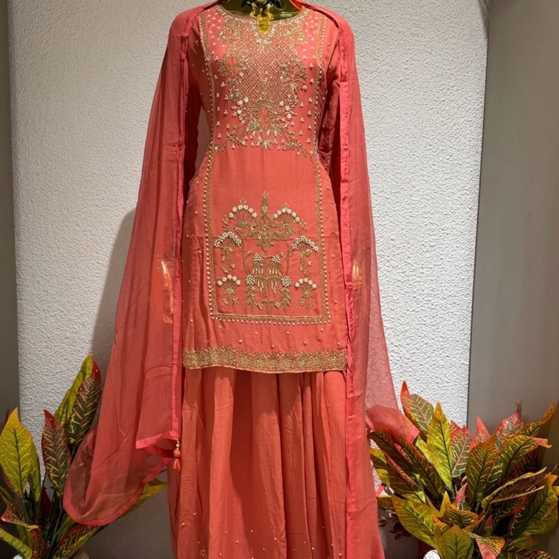 Kharatis coral peach georgette kurti with skirt set featuring pearl and resham embroidery for women