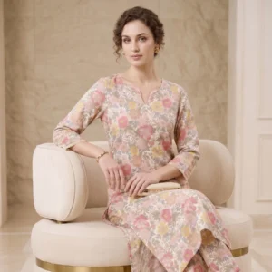 Pastel floral printed MAL cotton Livleen straight suit set for women