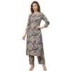 Grey floral printed cotton crush straight suit set for women