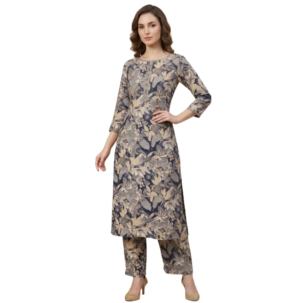 Grey floral printed cotton crush straight suit set for women