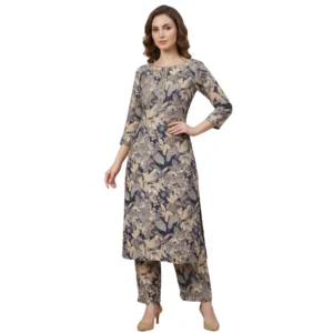 Grey floral printed cotton crush straight suit set for women