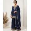 Navy blue satin sharara suit with pearl and thread embroidery for women