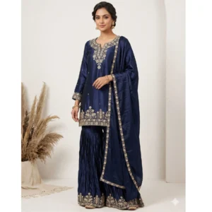 Navy blue satin sharara suit with pearl and thread embroidery for women
