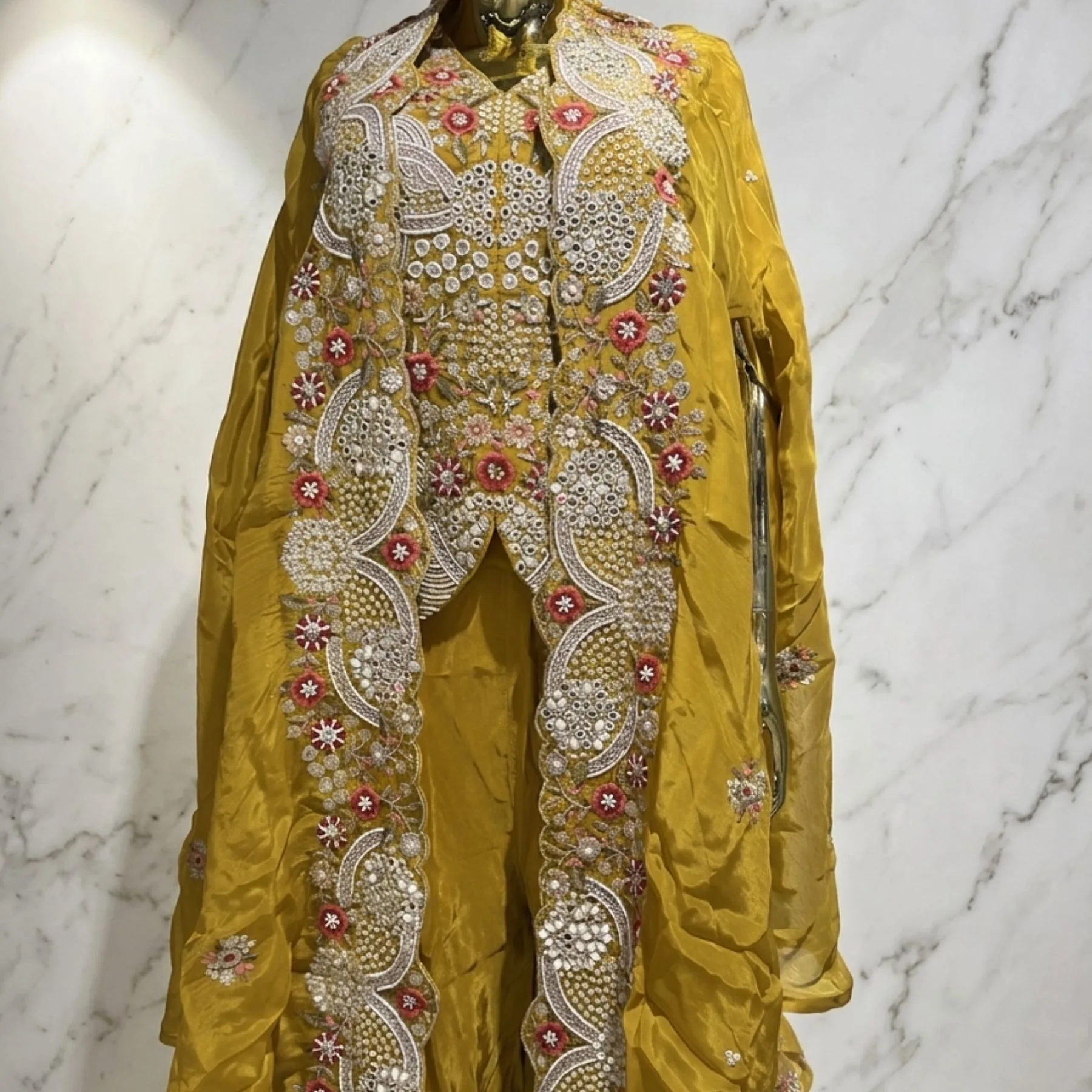 Mustard yellow designer sharara suit with heavy pearl and multicolour embroidery for women