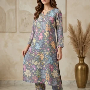 grey multicolor floral italian cotton suit fabric