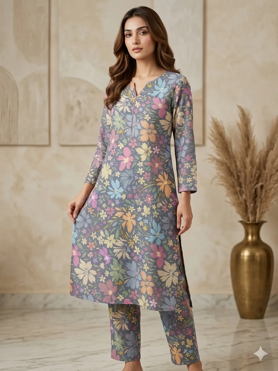 grey multicolor floral italian cotton suit fabric