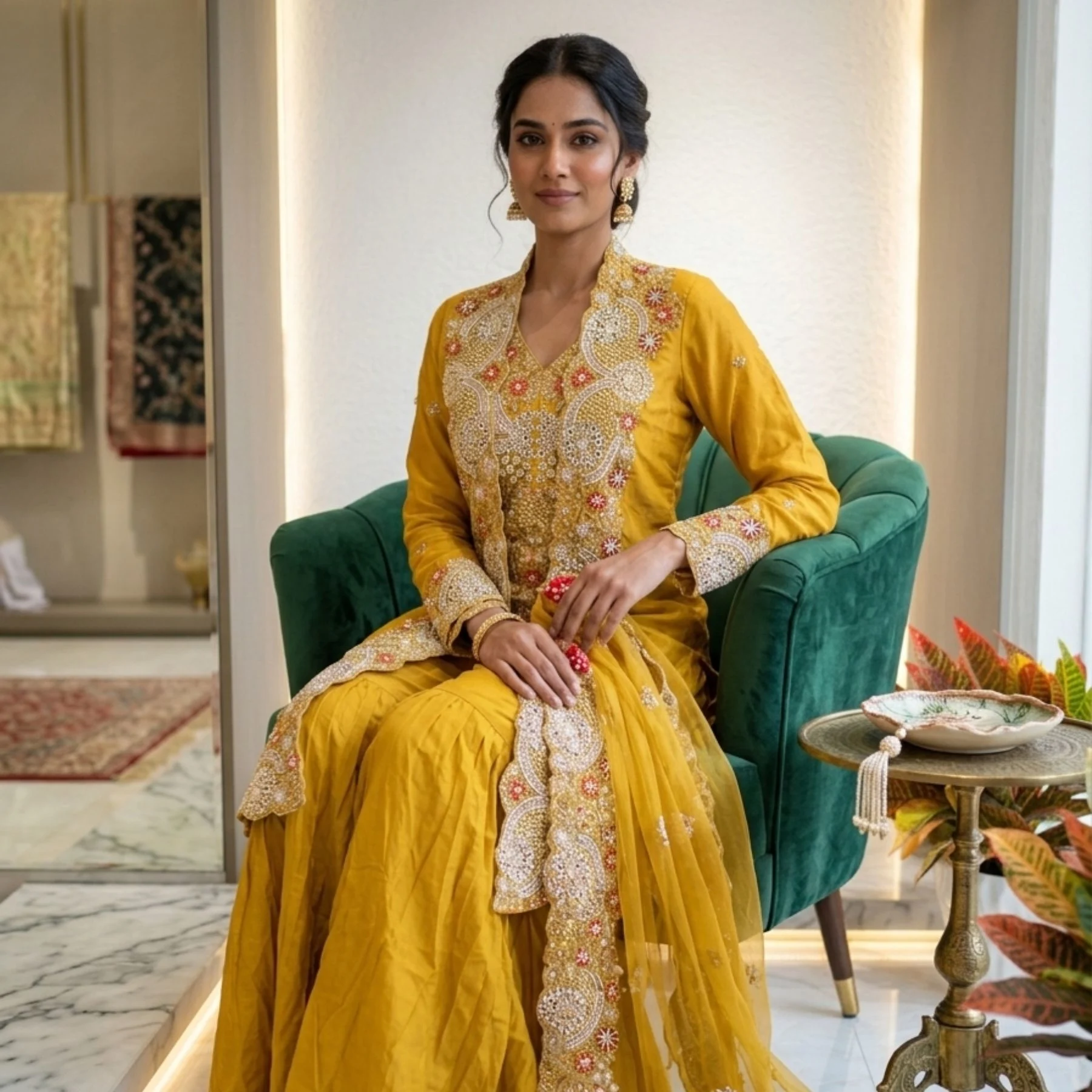 Mustard yellow designer sharara suit with heavy pearl and multicolour embroidery for women