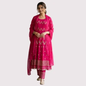 Hot pink georgette Anarkali suit with pearl and sitara embroidery for women