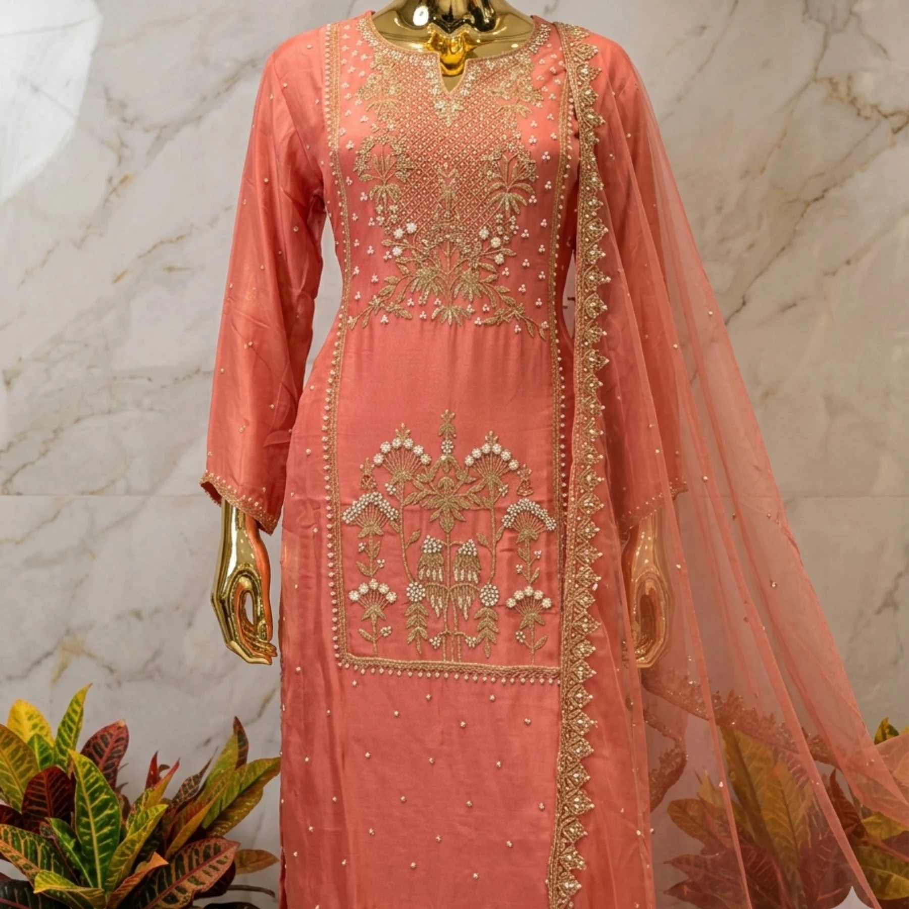 Kharatis coral peach georgette kurti with skirt set featuring pearl and resham embroidery for women