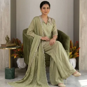 Soft green shimmer organza co-ord set with white dabka embroidery for women