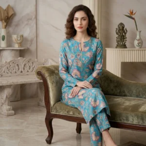 Aqua floral printed Giza linen straight suit set for women
