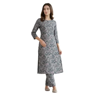 teal grey floral cotton unstitched suit fabric