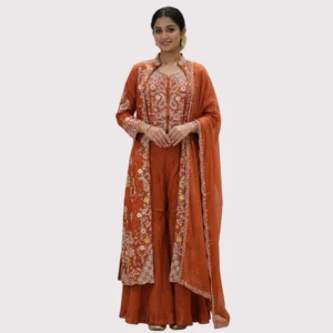 Orange organza suit with resham thread embroidery and white beads work for women