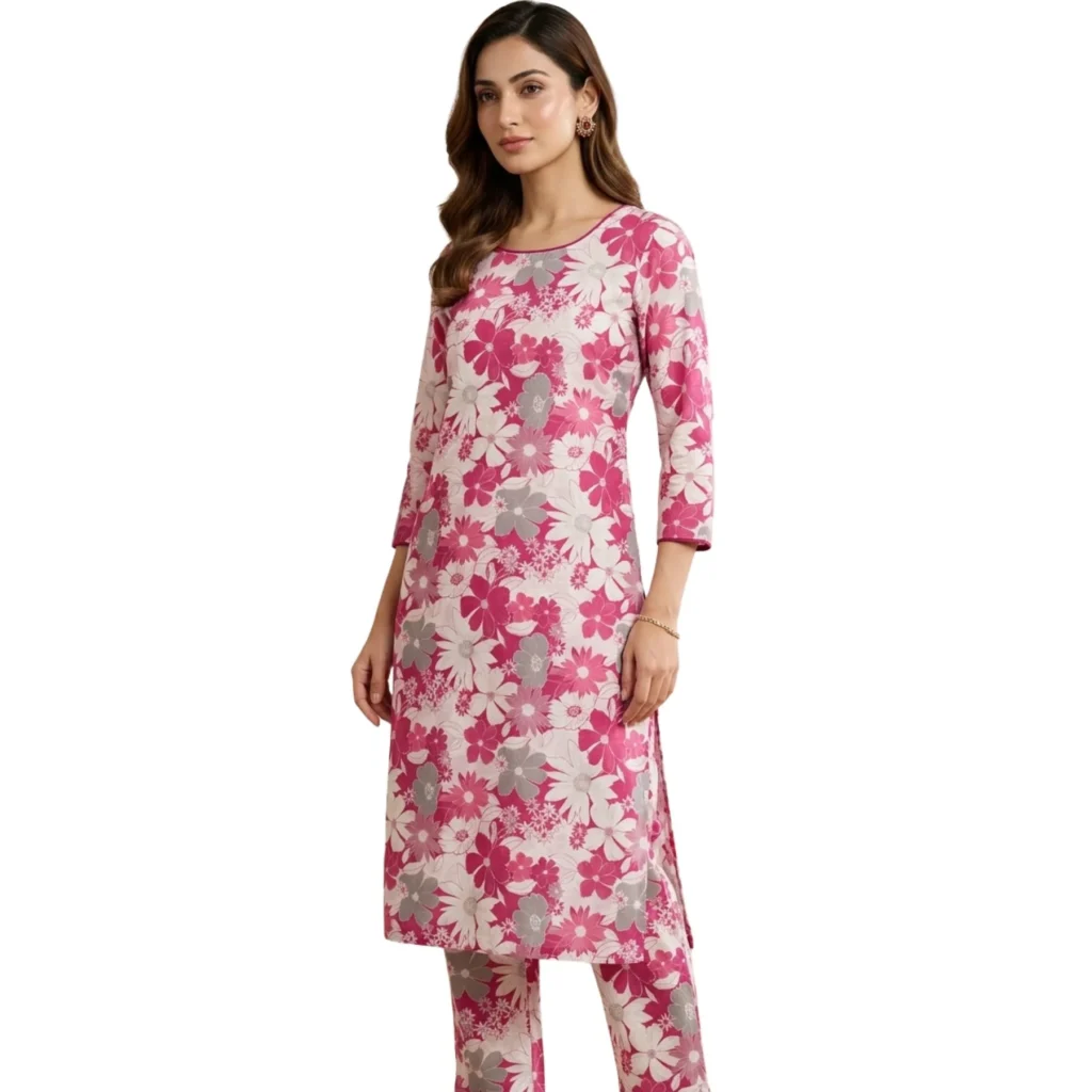 Pink floral printed Tista cotton straight suit set for women