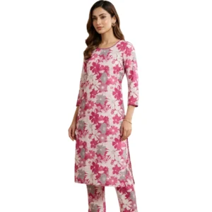 Pink floral printed Tista cotton straight suit set for women