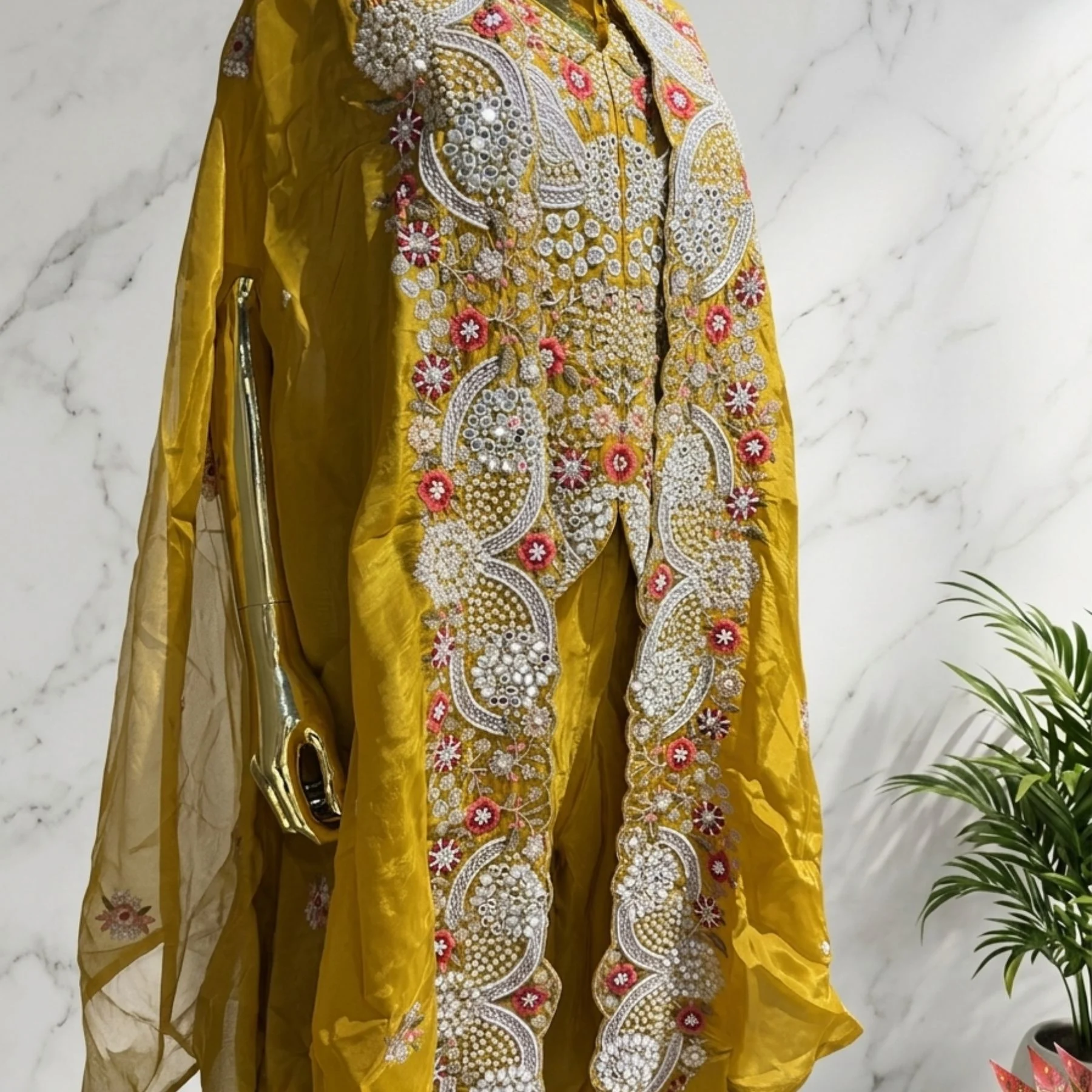 Mustard yellow designer sharara suit with heavy pearl and multicolour embroidery for women