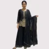 Kharatis black georgette kurti skirt set with heavy gold zari floral embroidery for women
