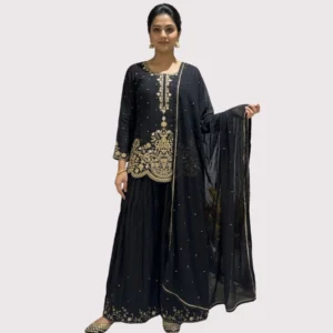 Kharatis black georgette kurti skirt set with heavy gold zari floral embroidery for women