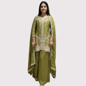 Olive green chinnon garara suit with sippy and beads work for women