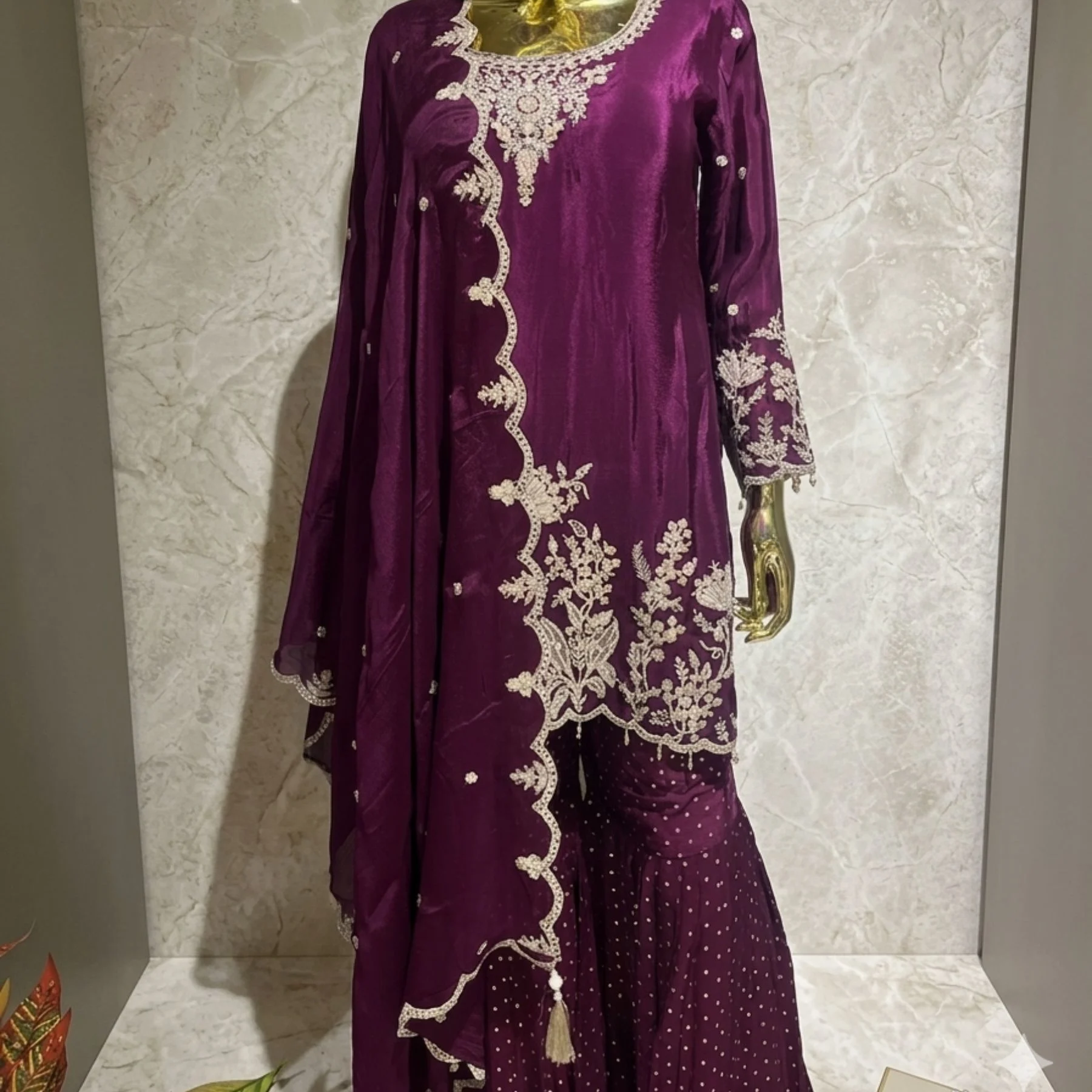 Wine purple chinnon sharara suit with pearl embroidery and cutwork dupatta for women