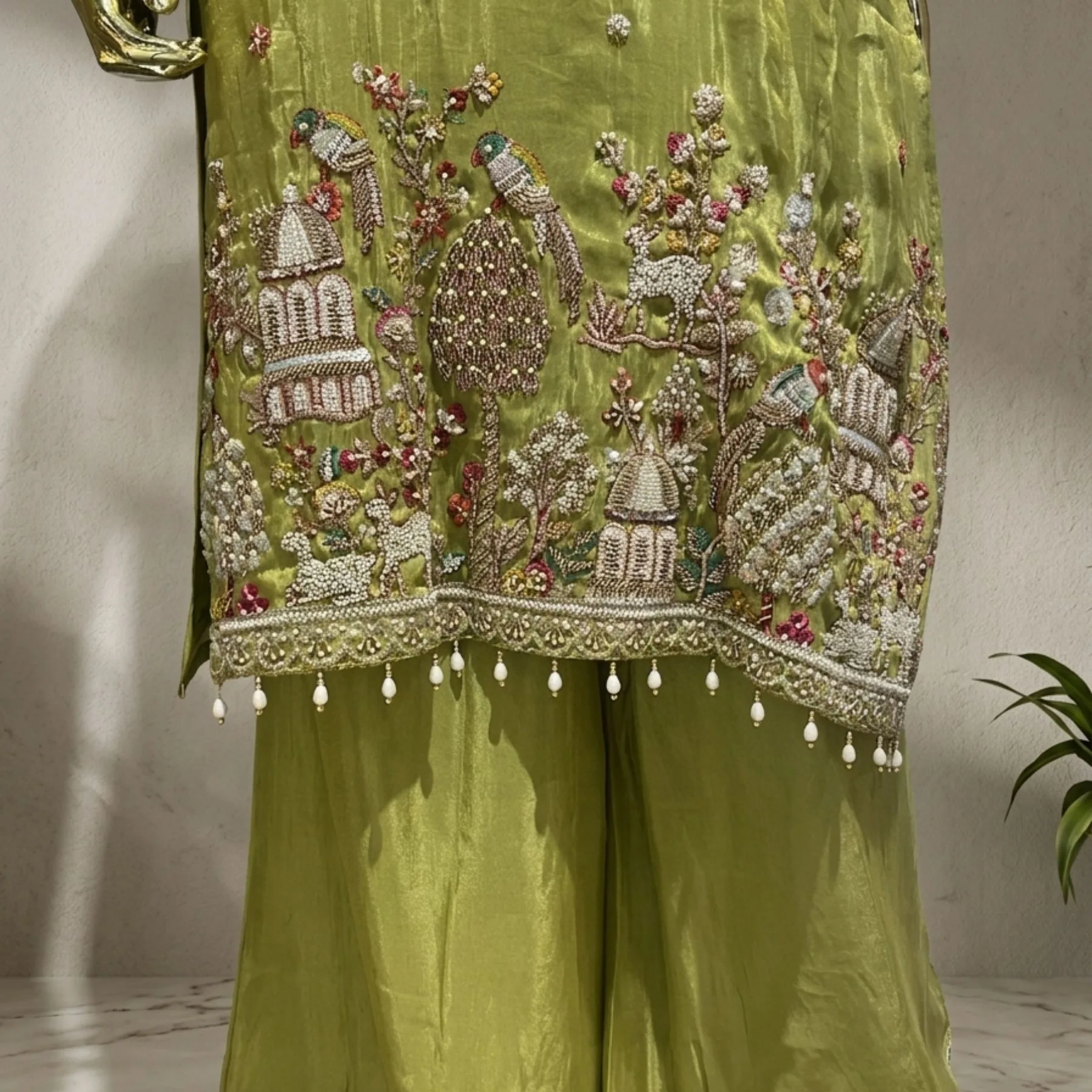 Lime green shimmer suit with pearl work and dola dupatta for women