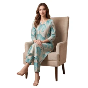 Kharatis aqua blue floral crush cotton straight suit set for women