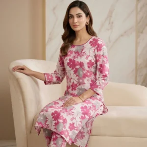 Pink floral printed Tista cotton straight suit set for women