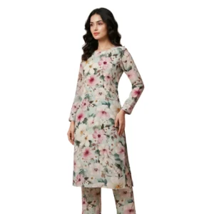 Pastel floral printed Tista linen cotton straight suit set for women