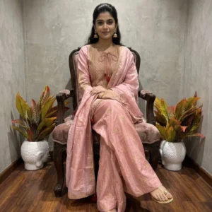 Kharatis soft peach chinon short kurti sharara set with gold butti zari work for women