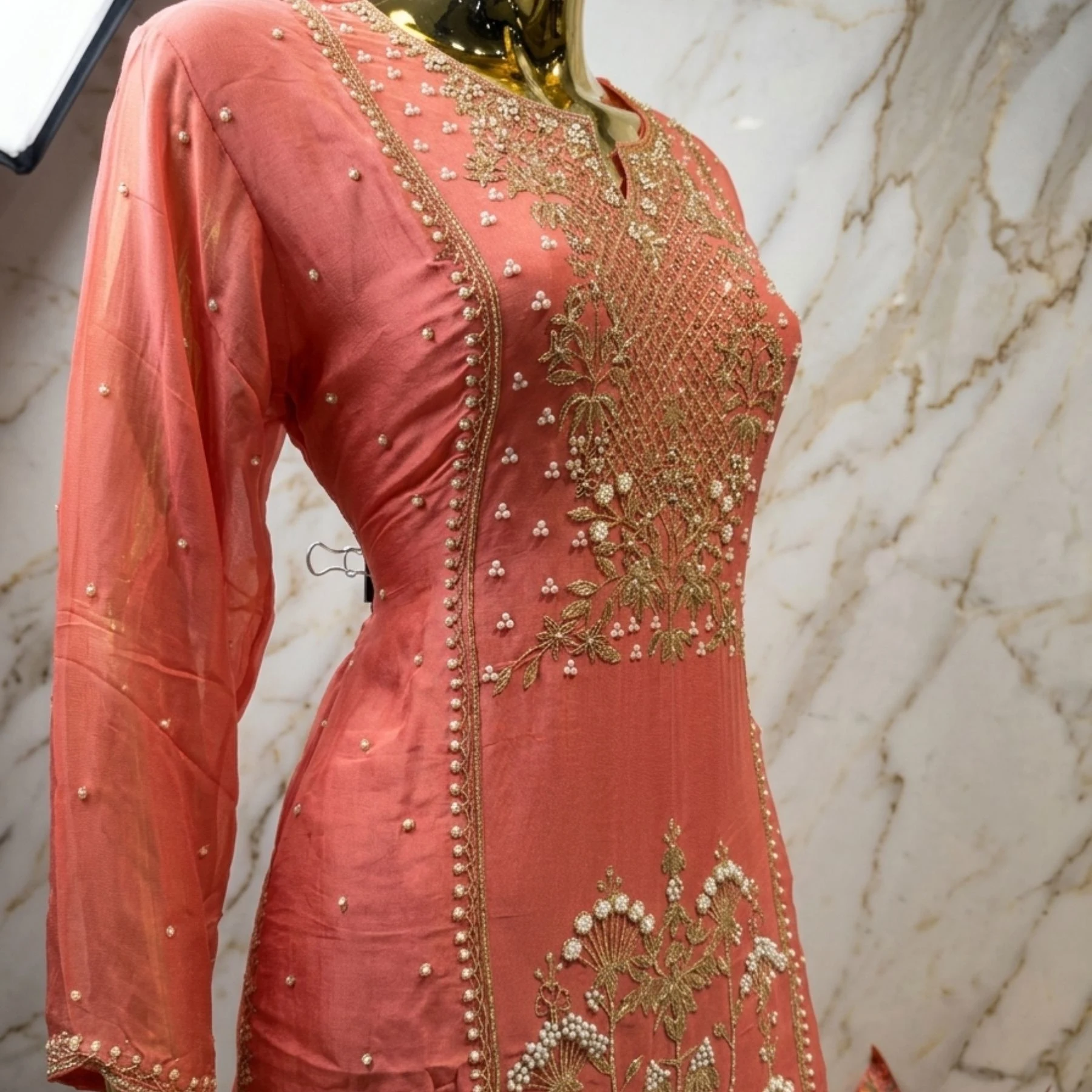 Kharatis coral peach georgette kurti with skirt set featuring pearl and resham embroidery for women