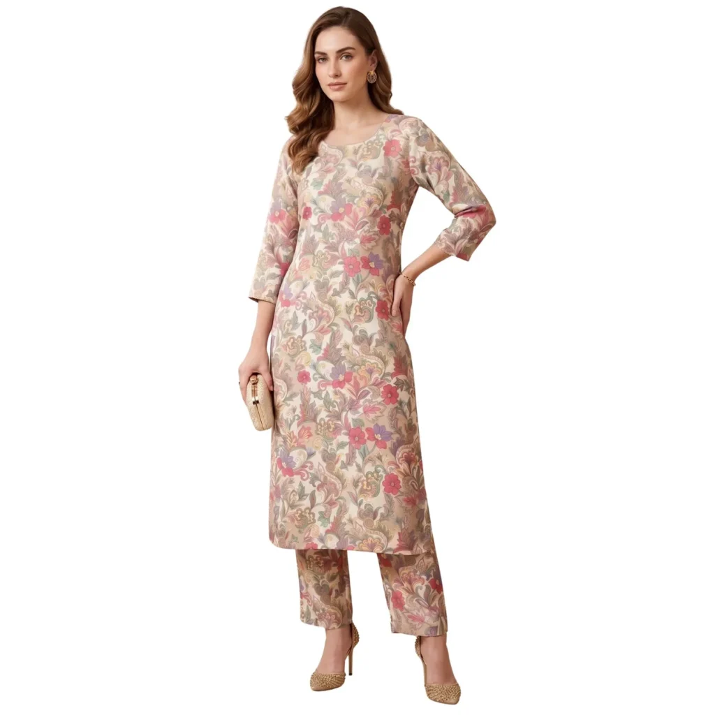 Beige floral printed linen cotton Tista suit set for women