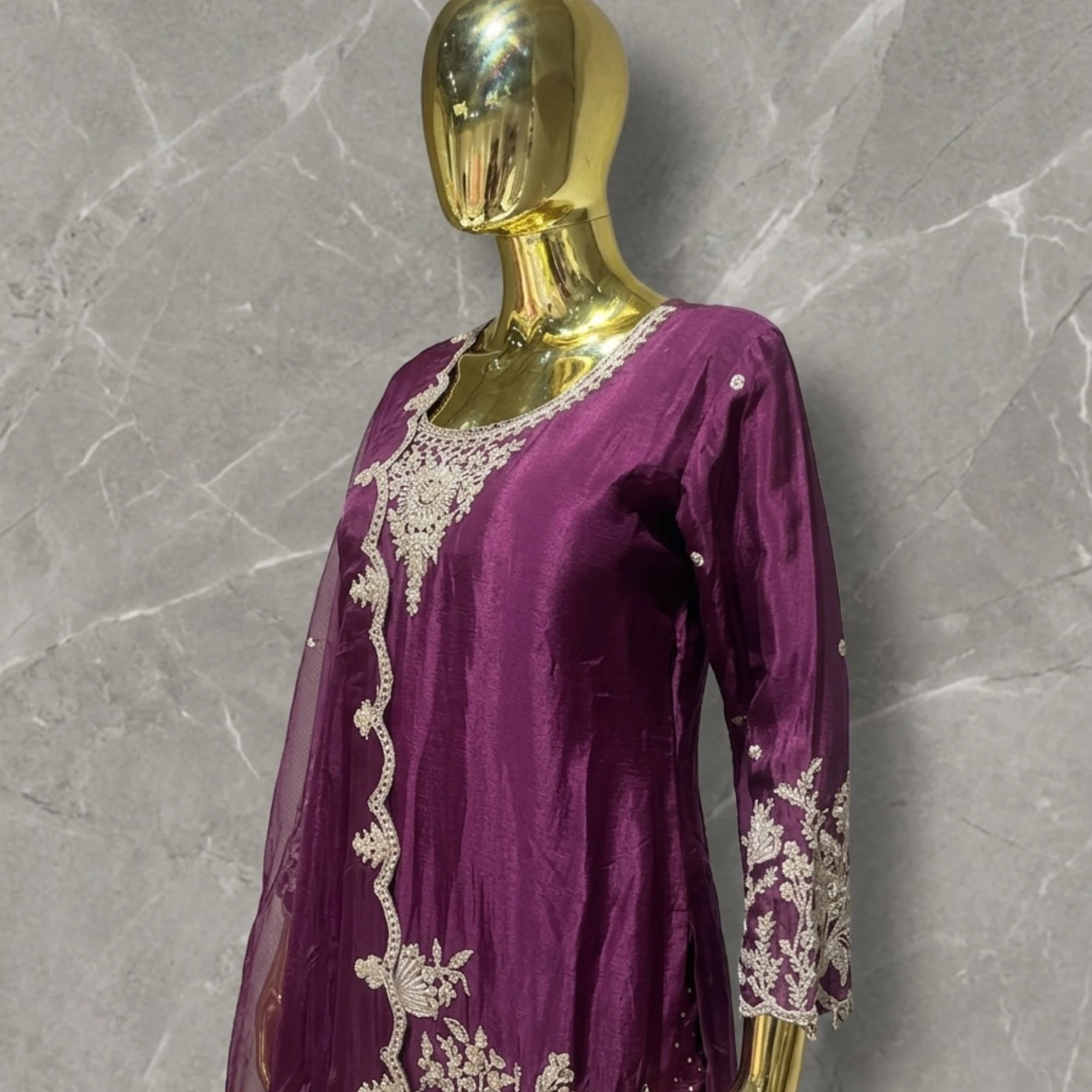 Wine purple chinnon sharara suit with pearl embroidery and cutwork dupatta for women
