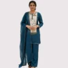 Teal blue georgette palazzo suit with gold zardosi and beads work for women