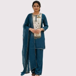 Teal blue georgette palazzo suit with gold zardosi and beads work for women