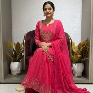 Kharatis hot pink crepe kurti sharara set with zardozi, resham and stone work for women
