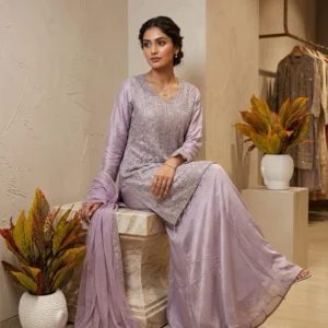Kharatis lavender crepe short kurti A-line sharara set with diamond cut silver work for women