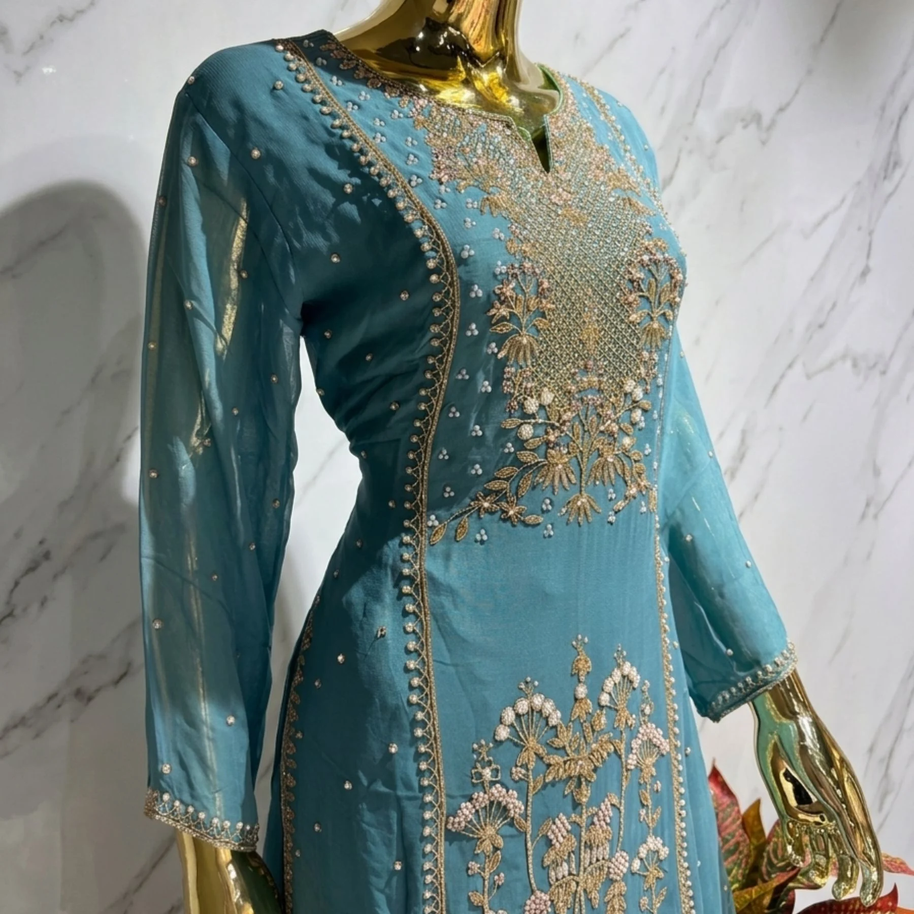 Kharatis Teal Georgette Long Kurti with Skirt Set | Pearl & Resham Work