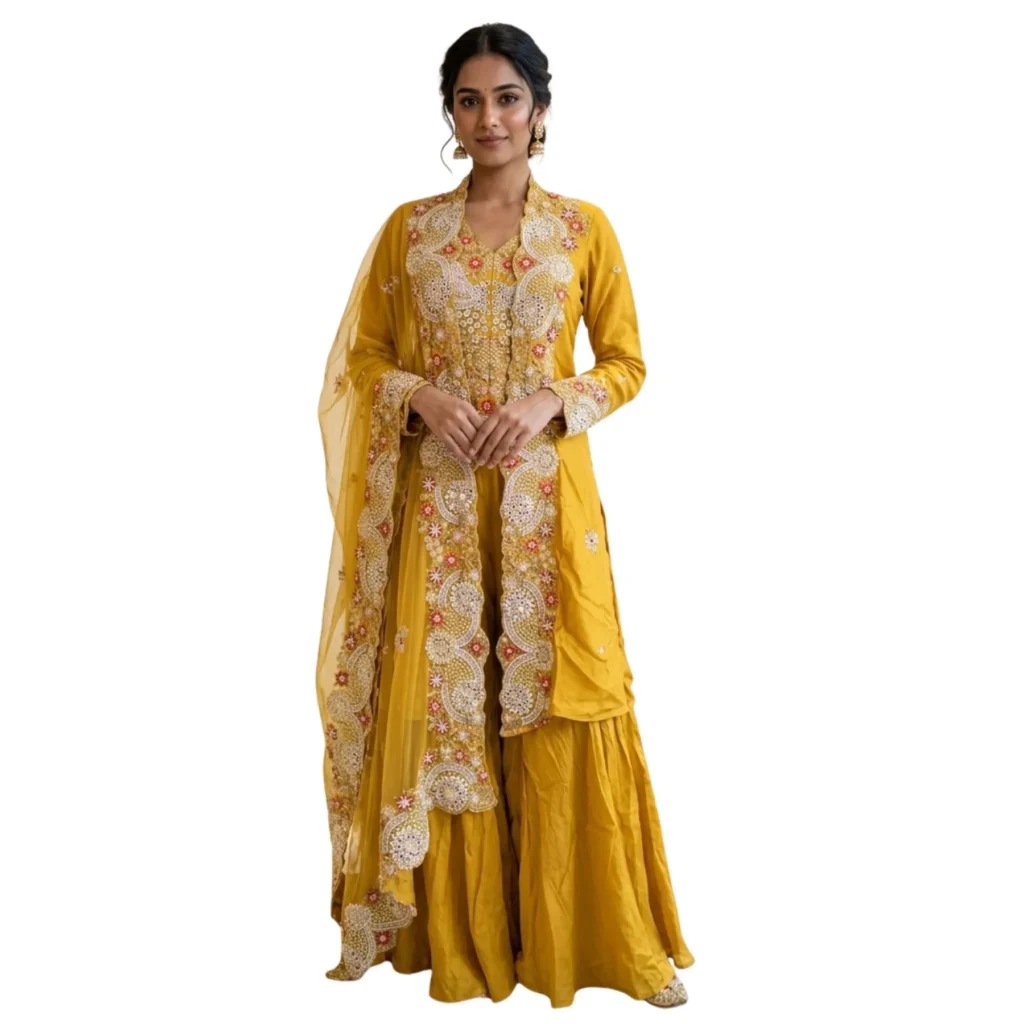 Mustard yellow designer sharara suit with heavy pearl and multicolour embroidery for women