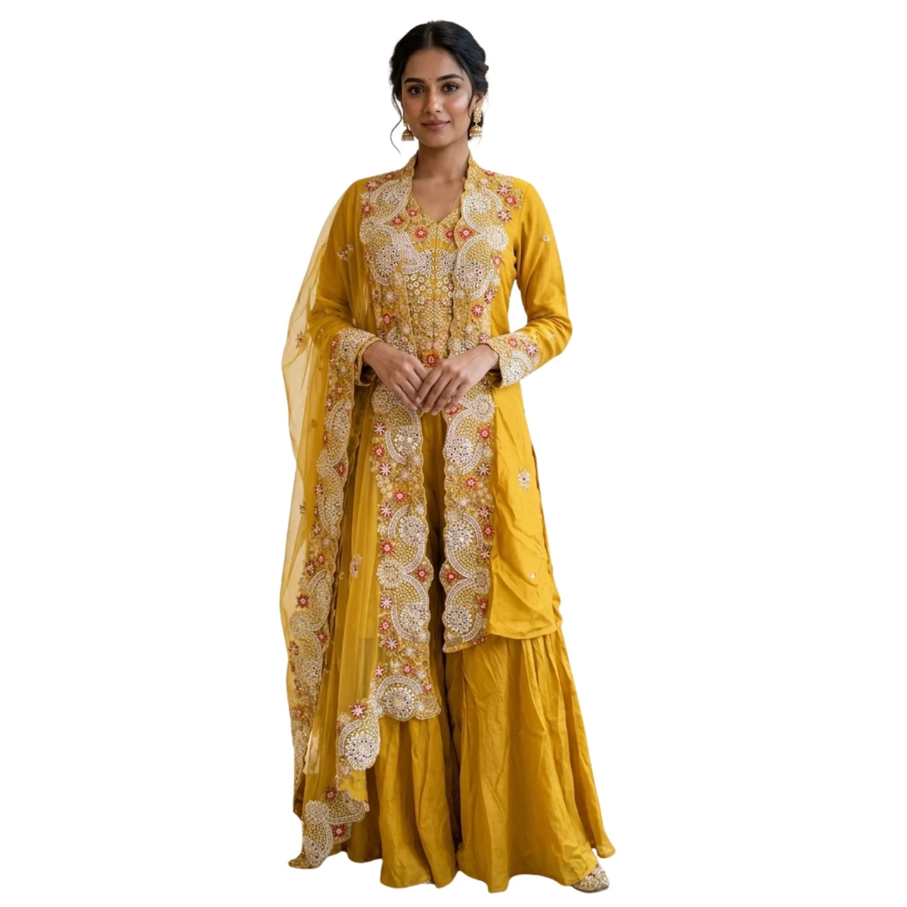 Mustard yellow designer sharara suit with heavy pearl and multicolour embroidery for women