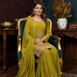 Mehndi green garara suit with dabka and moti hand embroidery