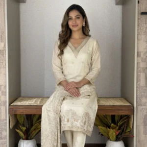 Kharatis ivory shimmer kurta set with Banarasi dupatta and antique thread work for women
