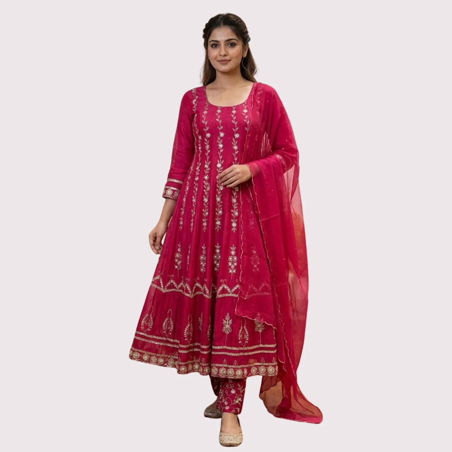 Kharatis rani pink georgette kurti with skirt set featuring pearl and resham embroidery for women